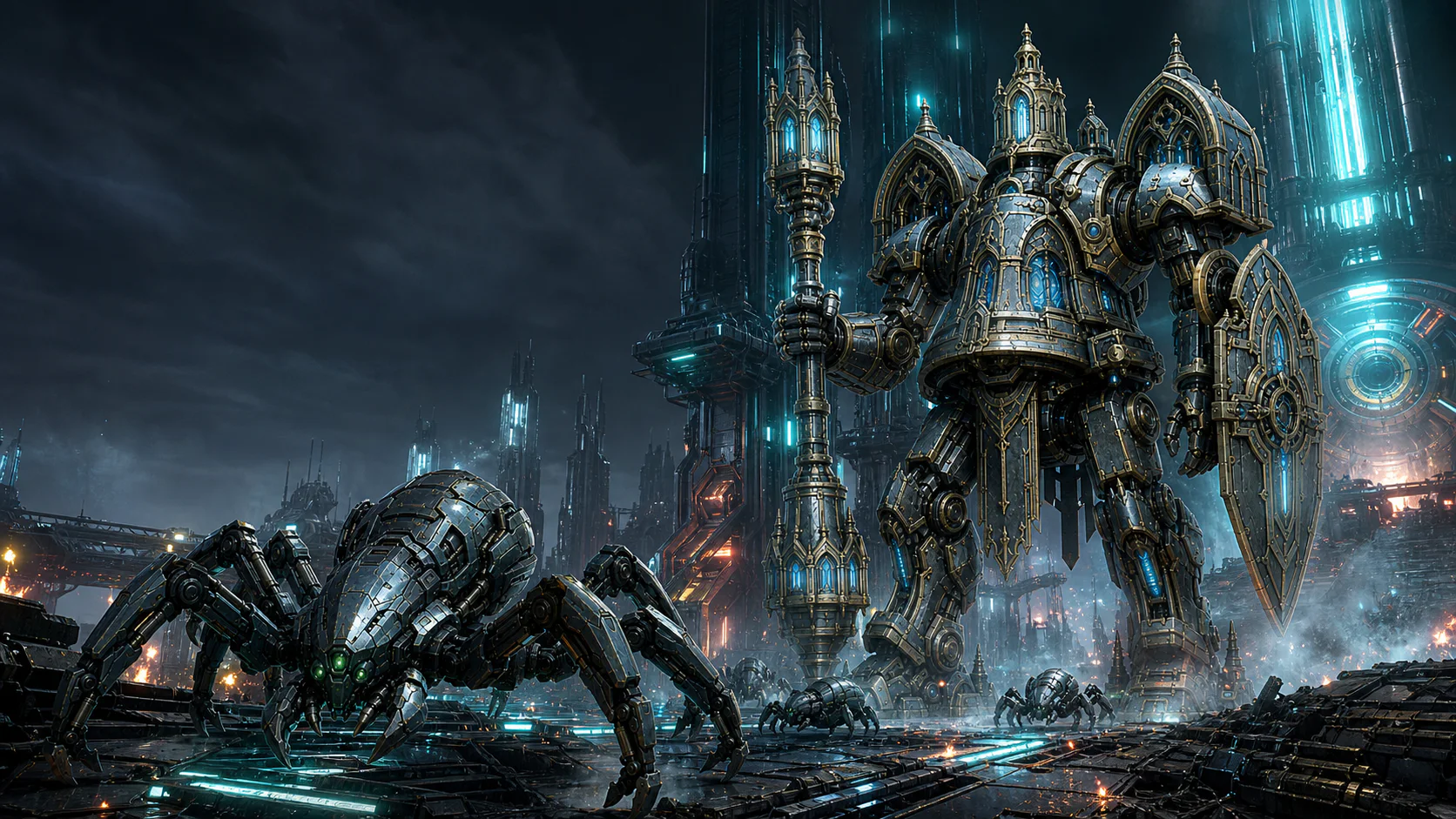 A cathedral-armored titan and Aegis spider machine advance through a neon reactor trench
